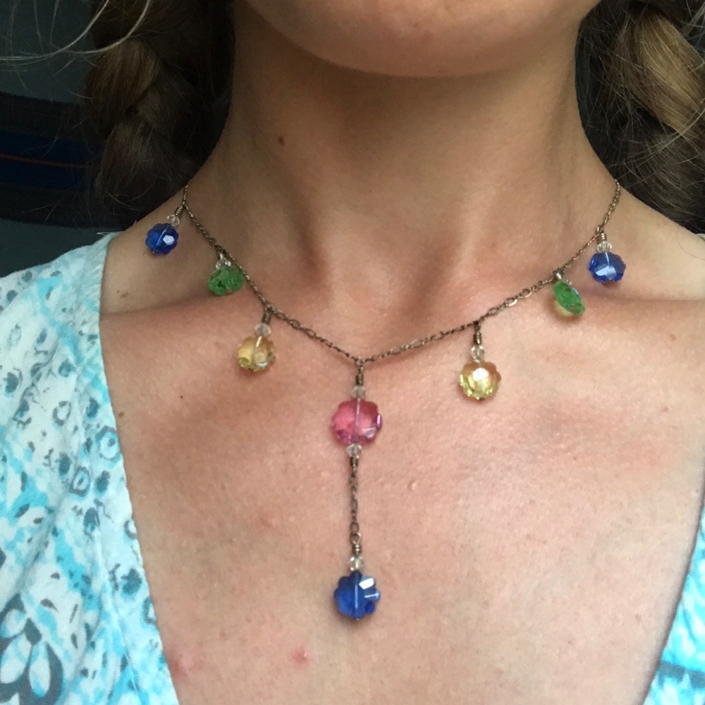 Colorful glass bead, silver chain necklace